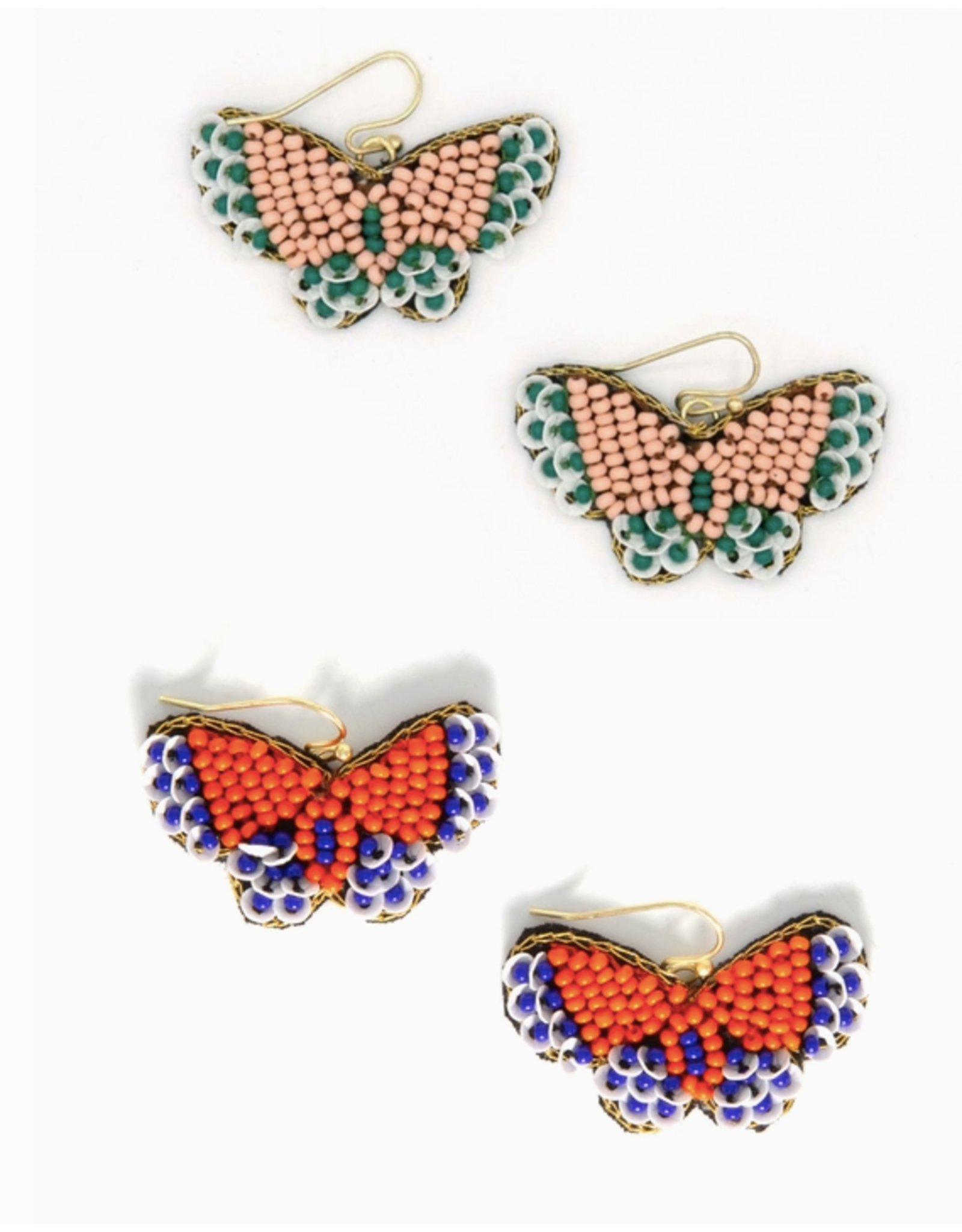 Beaded Butterfly Earrings, Pink/Green, India