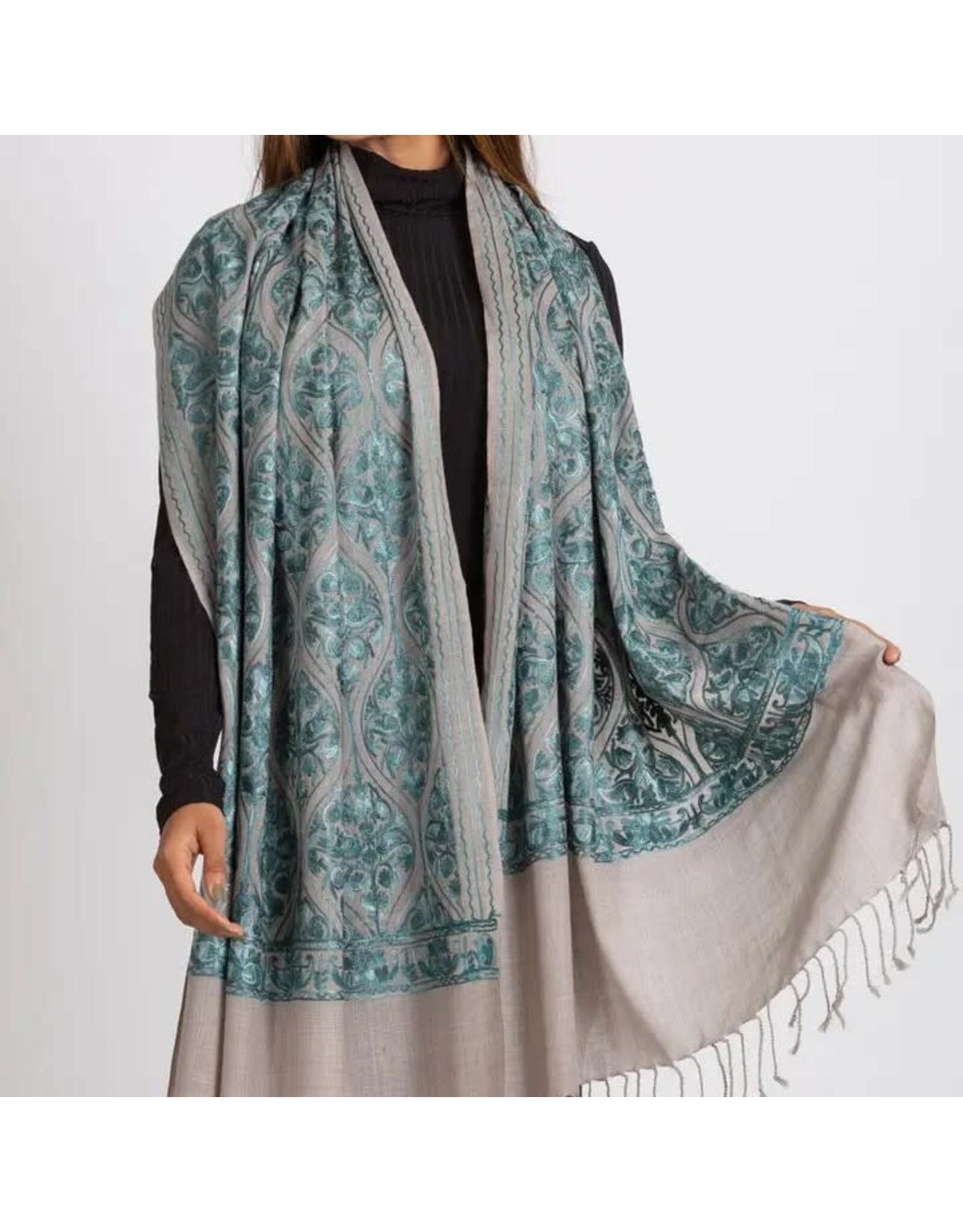 Surani Aqua Embroidered Shawl Silver & Aqua, India