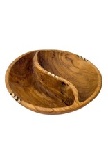 Large Round Olive Wood Divided Serving Platter with Batik Bone Accent