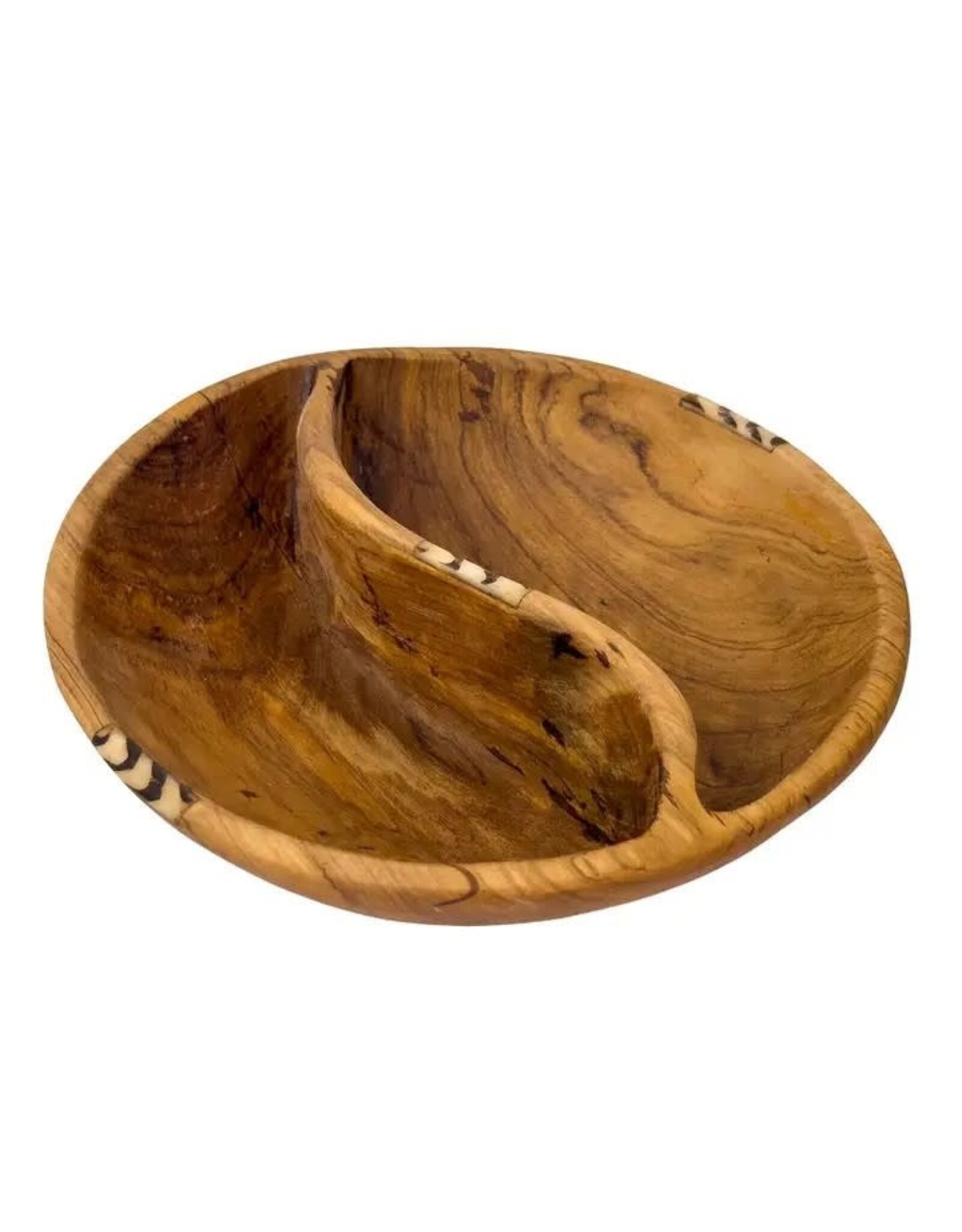 Large Round Olive Wood Divided Serving Platter with Batik Bone Accent
