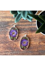 Alpaca Silver Oval with Purple Pressed Flower Dangle Earrings, Kenya