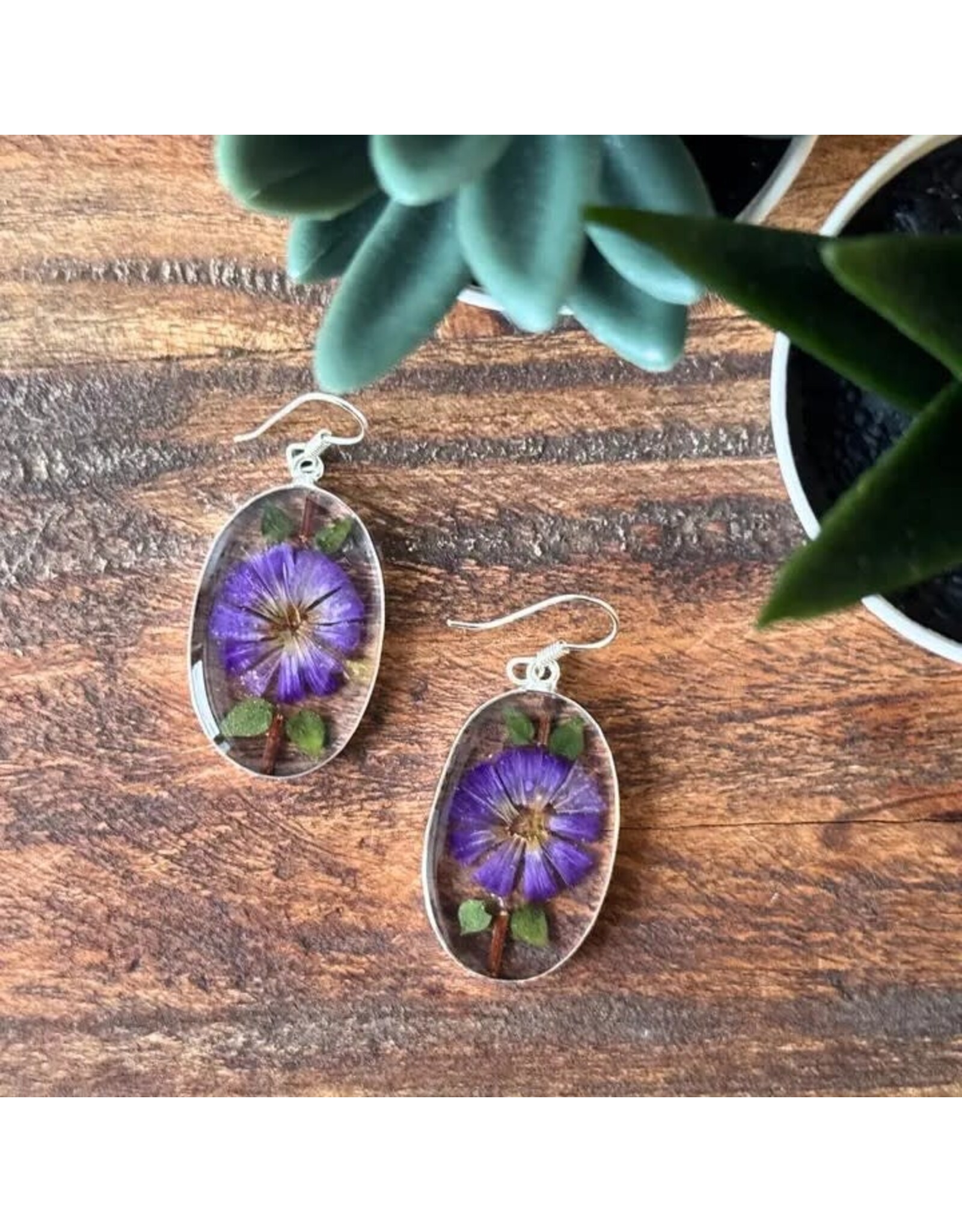 Alpaca Silver Oval with Purple Pressed Flower Dangle Earrings, Kenya