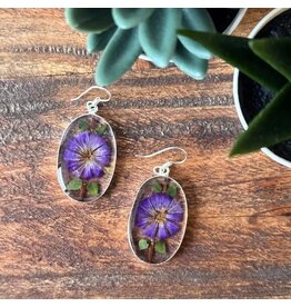 Alpaca Silver Oval with Purple Pressed Flower Dangle Earrings, Kenya