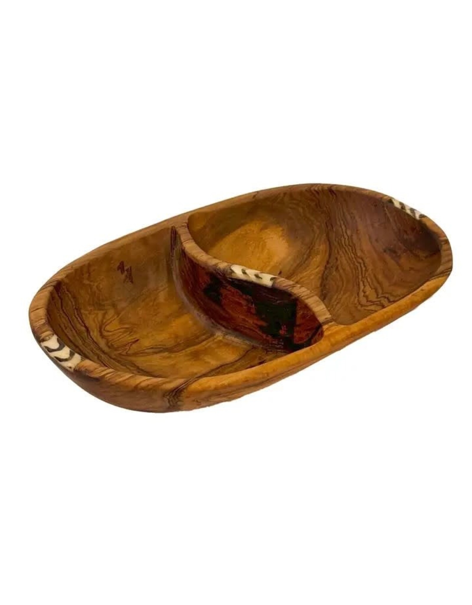 Large Oval Olive Wood Divided Serving Platter with Batik Bone Accent, Kenya