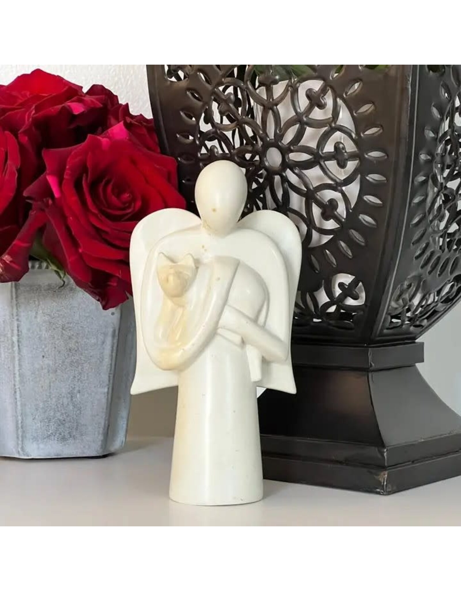 Soapstone Angel Holding Cat Sculpture, Kenya