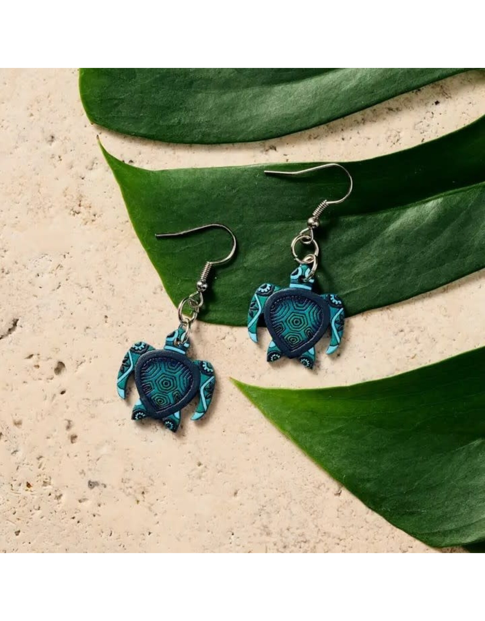Hand Painted Gourd Turtle Dangle Earrings, Colombia