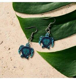Hand Painted Gourd Turtle Dangle Earrings, Colombia