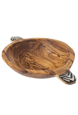 Rustic Olive Wood Bowl with Batik Bone Inlay Handles, 6-inch, Kenya