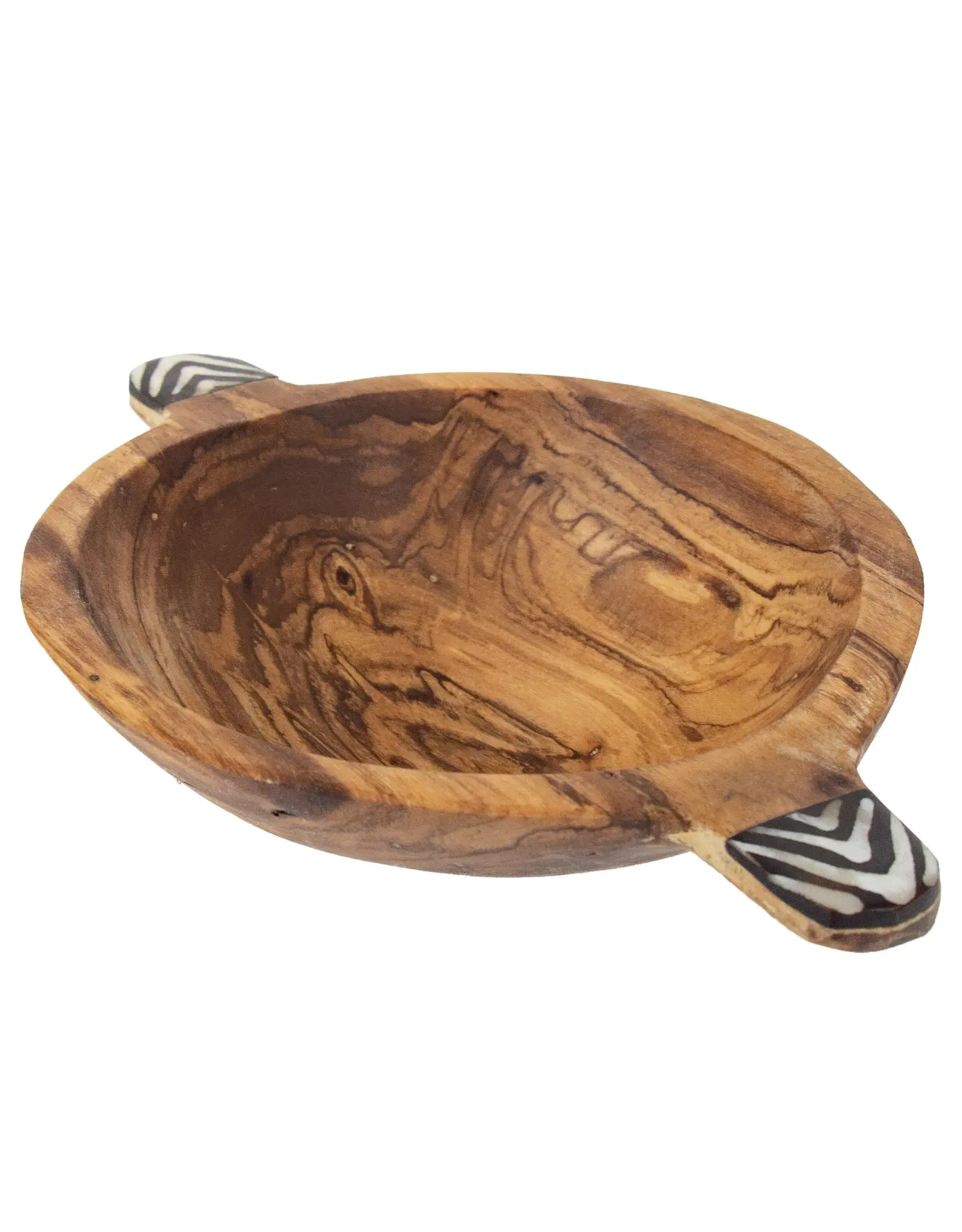Rustic Olive Wood Bowl with Batik Bone Inlay Handles, 6-inch, Kenya