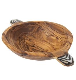 Rustic Olive Wood Bowl with Batik Bone Inlay Handles, 6-inch, Kenya