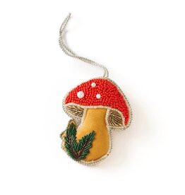 Larissa Plush Mushroom Beaded Felt Ornament - Embroidered, India Larissa Plush Mushroom Beaded Felt Ornament - Embroidered, India