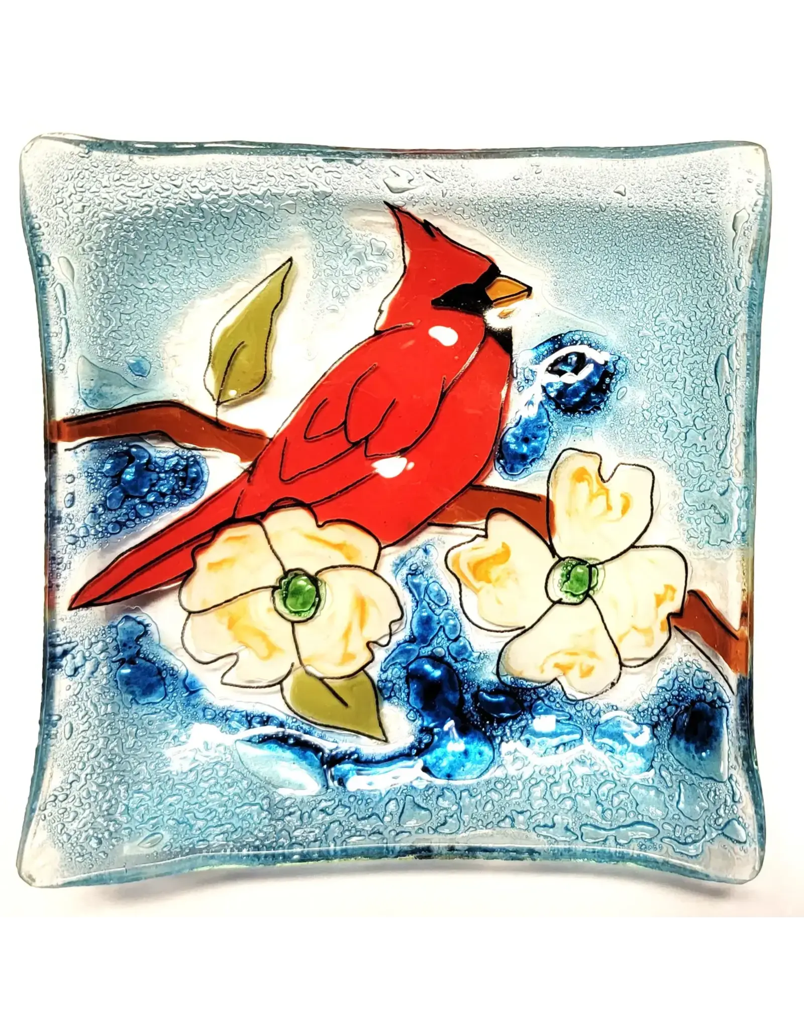Trade roots Hand Blown Small Square Glass Dish, Cardinal Dogwood, Ecuador (Viriginia)