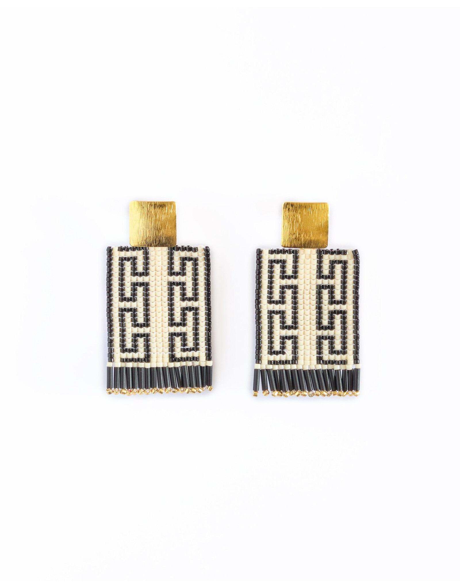 Beaded Handwoven Guajira Square Earrings (Cream/Black), Colombia