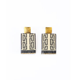 Beaded Handwoven Guajira Square Earrings (Cream/Black), Colombia