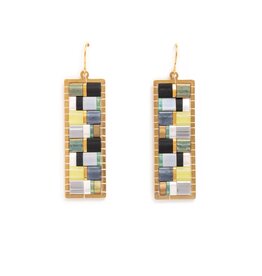 Beaded Handwoven Mosaic Tila and Brass Earrings (Green/Grey)
