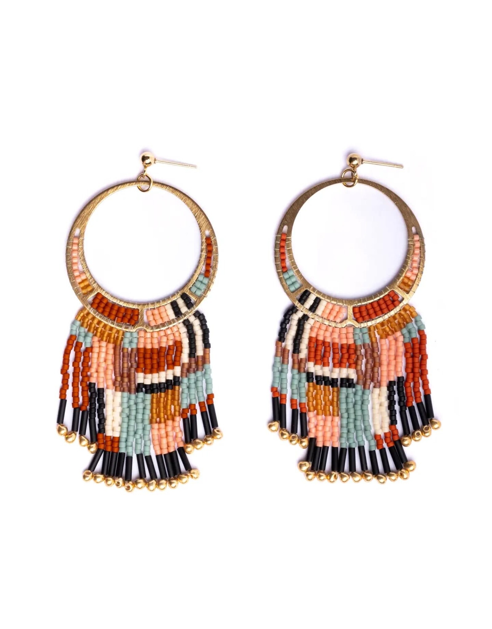 Beaded Handwoven Painted Desert Fringe Earrings (Aqua/Rust)