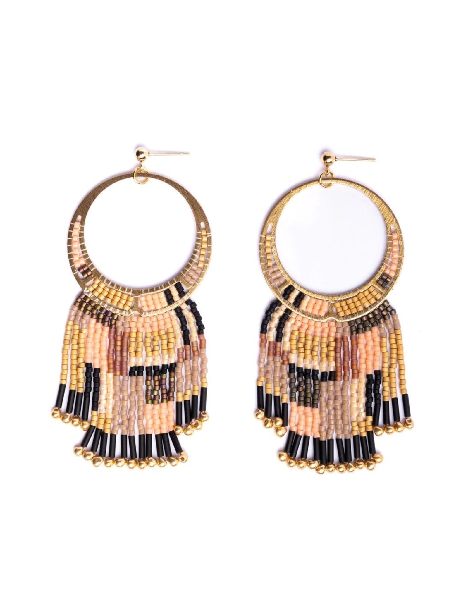 Beaded Handwoven Painted Desert Fringe Earrings (Peach/Tan), Colombia