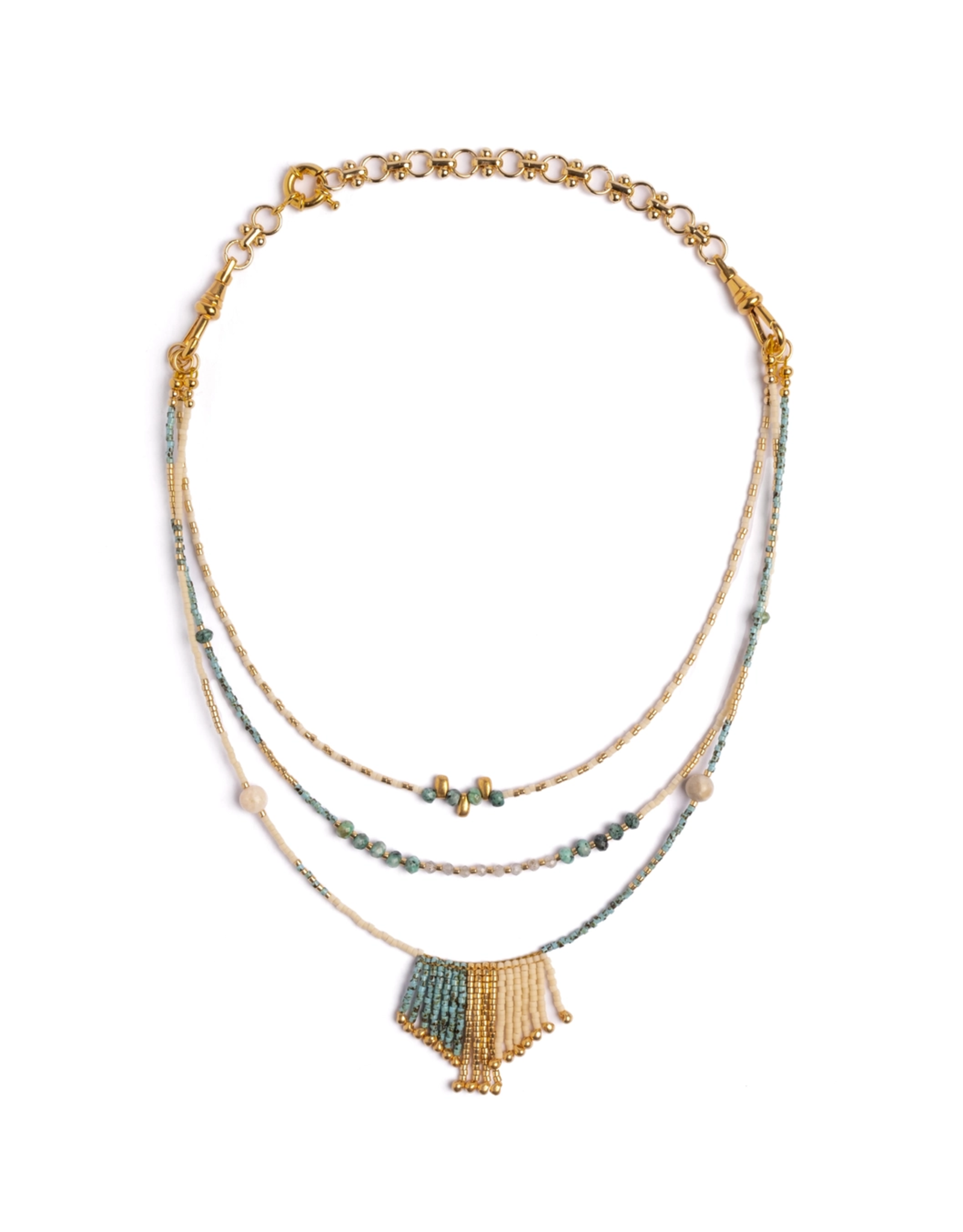 Handwoven Miyuki and Gem Fringe Layering Necklace (Olive)