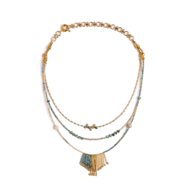 Handwoven Miyuki and Gem Fringe Layering Necklace (Olive)