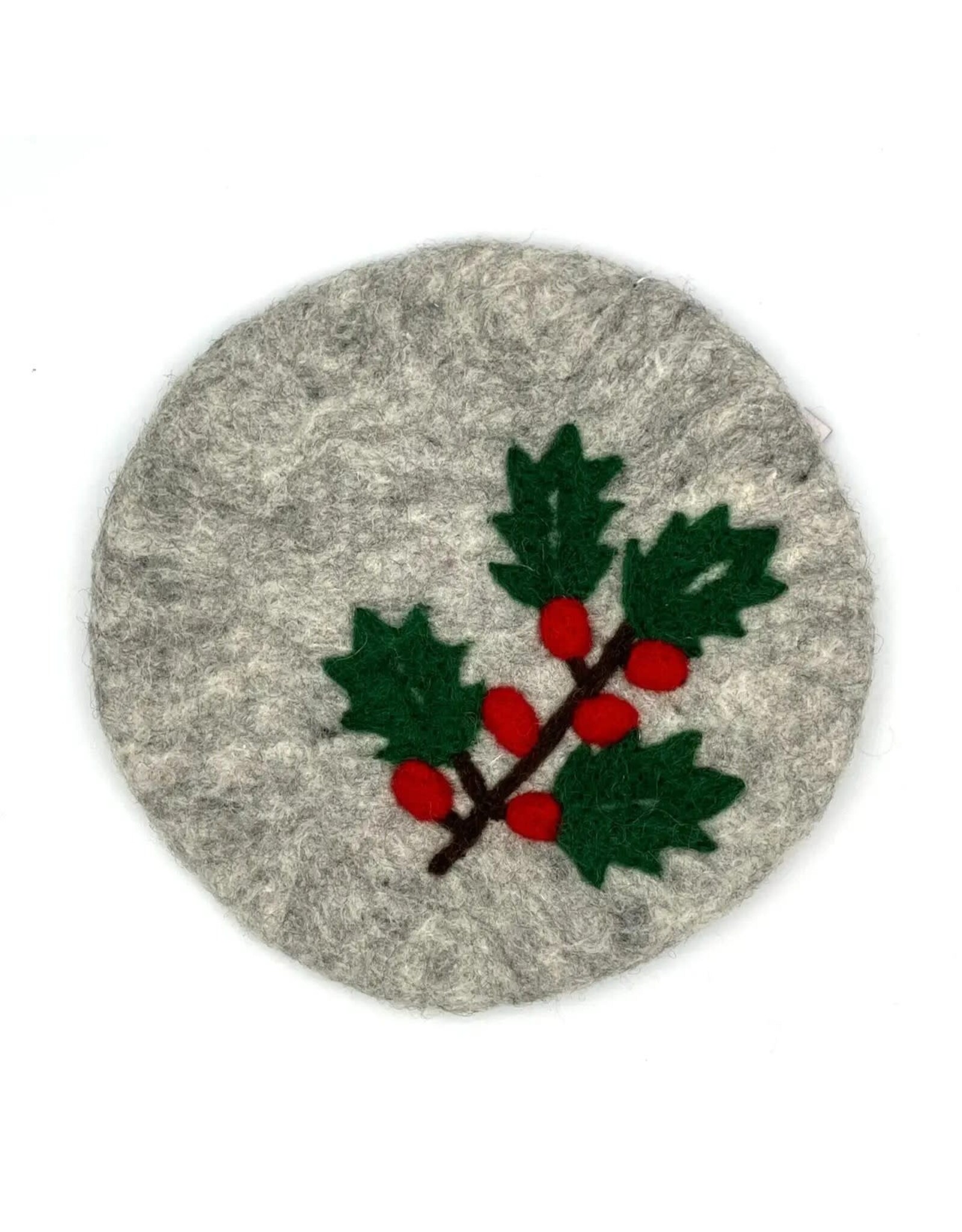 Holly Sprig Round Felt Trivet, Nepal