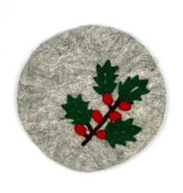 Holly Sprig Round Felt Trivet, Nepal Holly Sprig Round Felt Trivet, Nepal