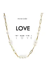 Morse Code Pearl & Gold Paperclip Chain Necklace Love