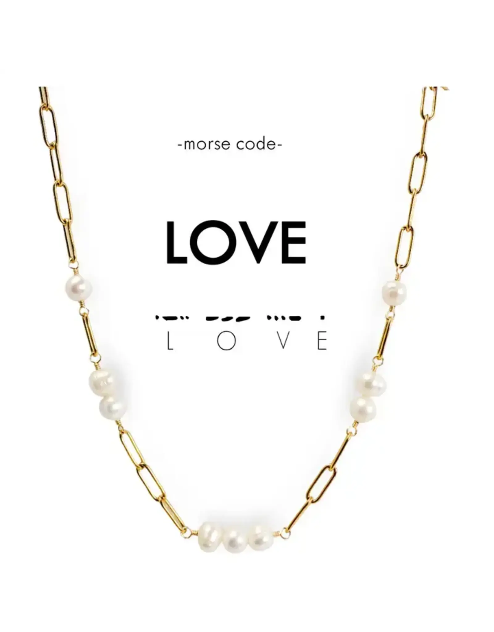 Morse Code Pearl & Gold Paperclip Chain Necklace Love