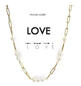 Morse Code Pearl & Gold Paperclip Chain Necklace Love