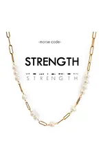 Morse Code Pearl & Gold Paperclip Chain Necklace Strength, Thailand Morse Code Pearl & Gold Paperclip Chain Necklace Strength, Thailand
