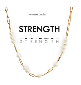 Morse Code Pearl & Gold Paperclip Chain Necklace Strength, Thailand