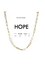 Morse Code Pearl & Gold Paperclip Chain Necklace Hope, Thailand