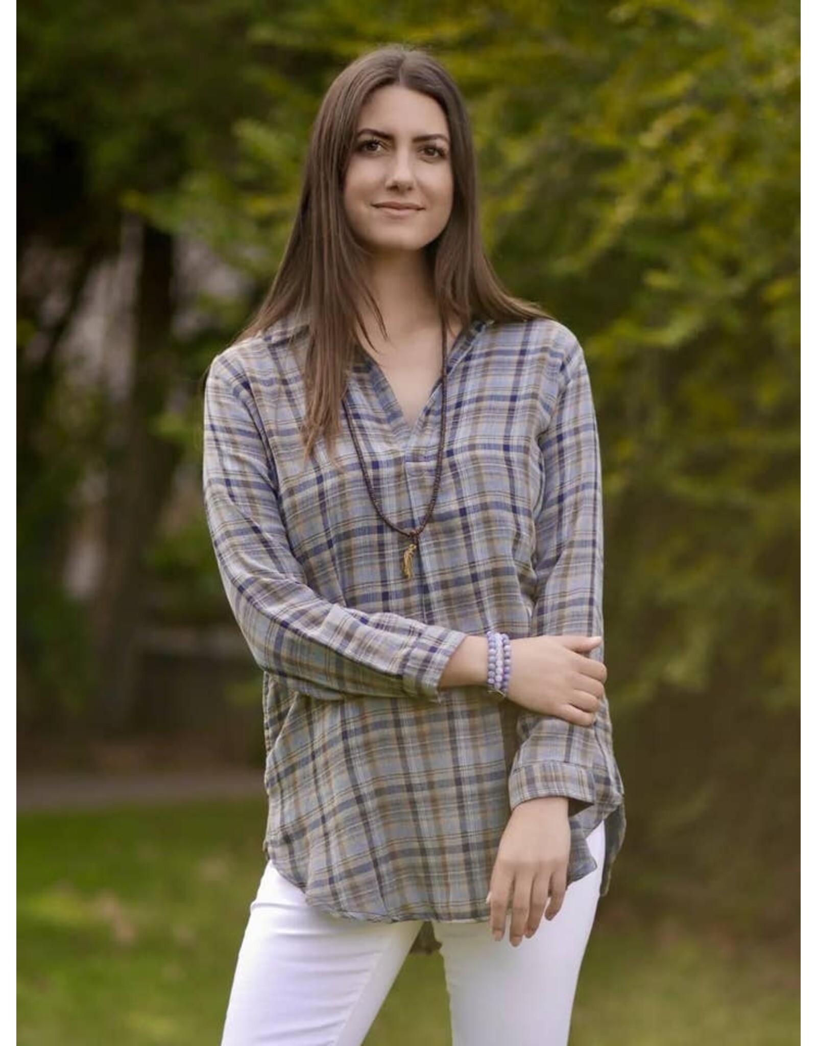 Jemima Plaid Top Beige Turquoise