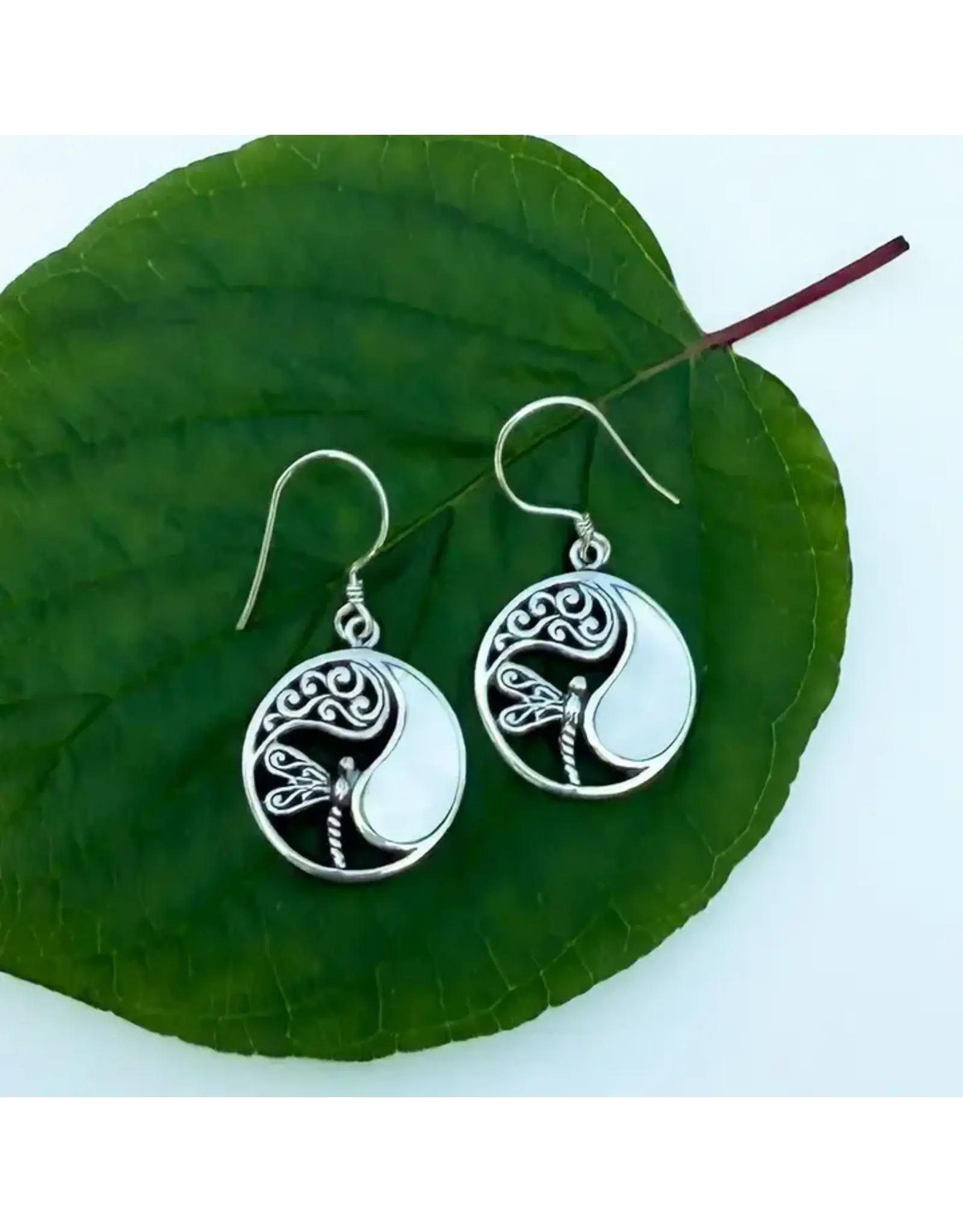 Mother-Of-Pearl Dragonfly Circle Earrings - Sterling Silver, Indonesia