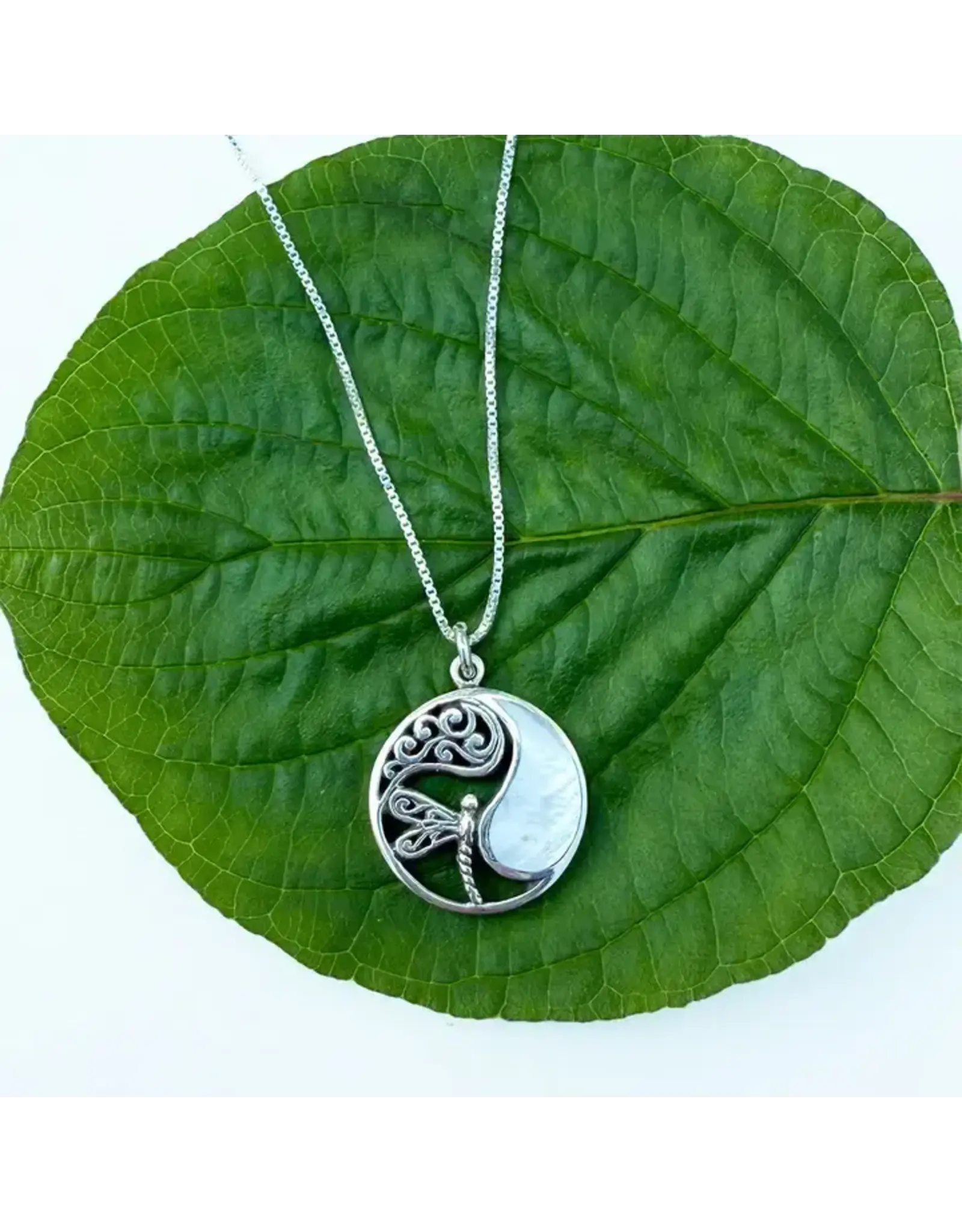 Mother-Of-Pearl Dragonfly Circle Necklace - Sterling Silver, Indonesia