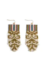 Beaded Handwoven Damask Fringe Earrings (Olive), Colombia
