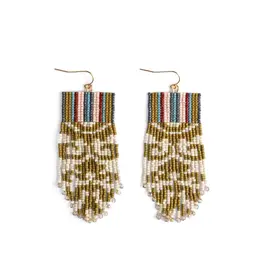 Beaded Handwoven Damask Fringe Earrings (Olive), Colombia