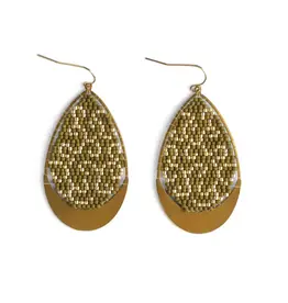 Beaded Handwoven Gilded Teardrop Earrings (Olive), Colombia