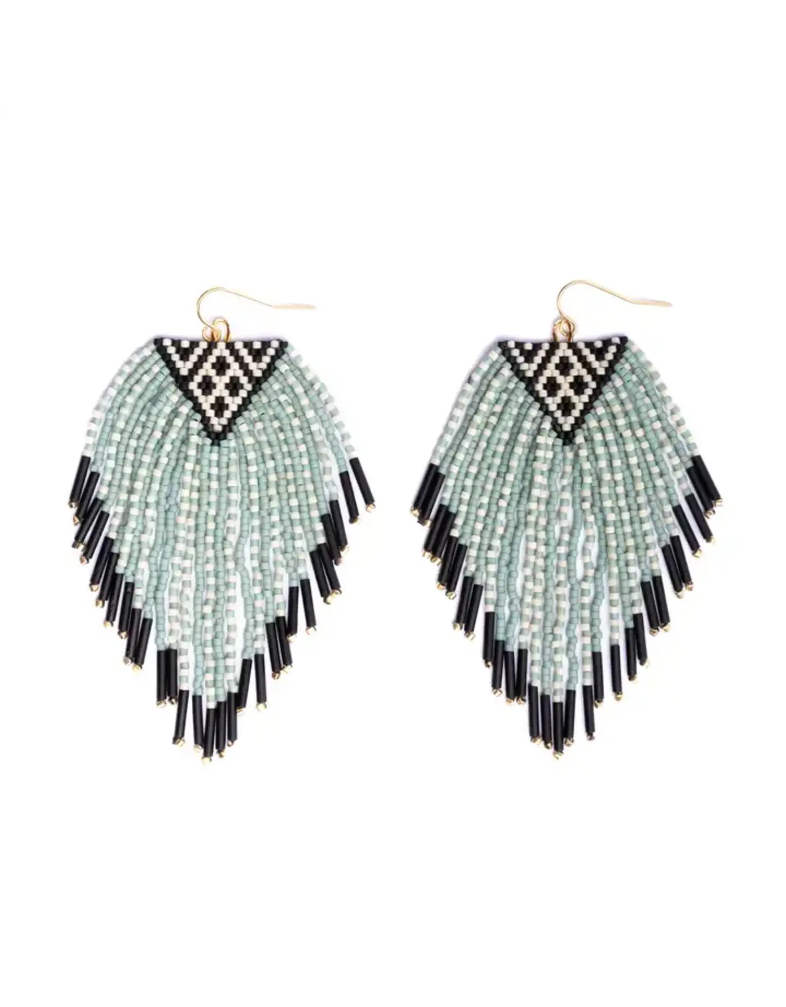 Beaded Handwoven Sonoran Triangle Fringe Earrings (Aqua), Colombia