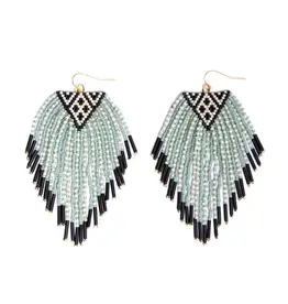 Beaded Handwoven Sonoran Triangle Fringe Earrings (Aqua), Colombia