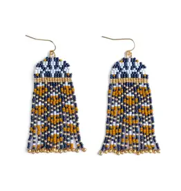Beaded Handwoven Brocade Garden Earrings(Blue/Mustard), Colombia Beaded Handwoven Brocade Garden Earrings(Blue/Mustard), Colombia