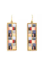 Beaded Handwoven Mosaic Tila and Brass Earrings (Blue/Red), Colombia