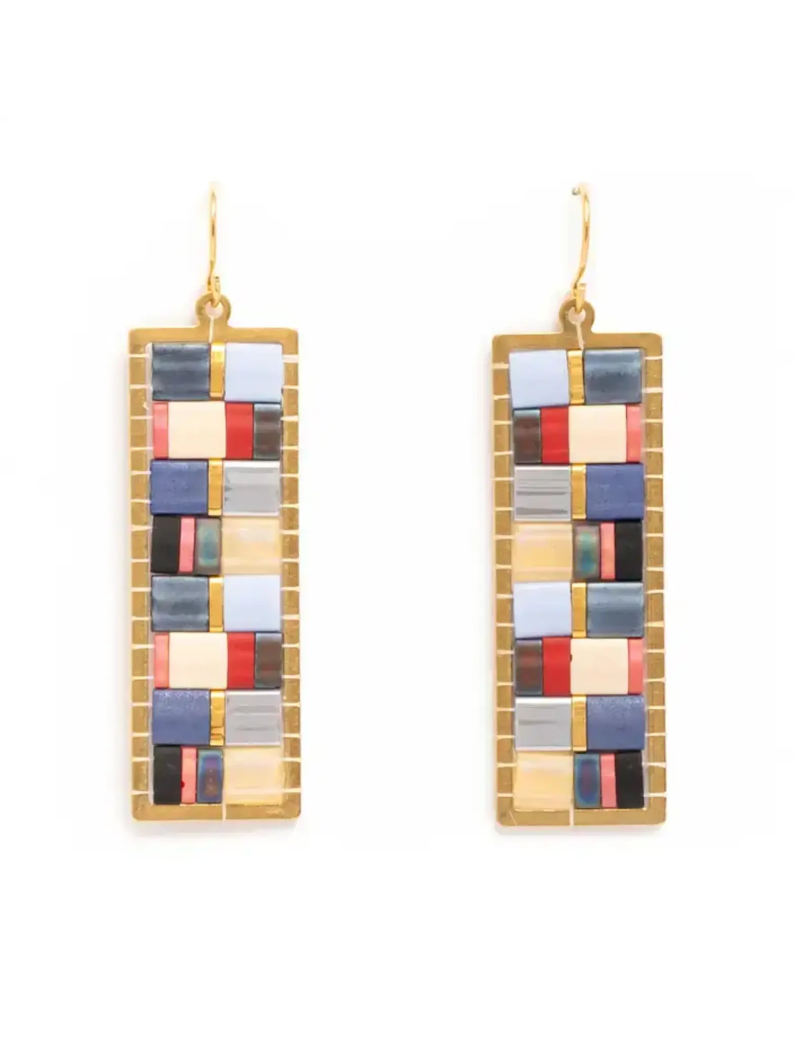 Beaded Handwoven Mosaic Tila and Brass Earrings (Blue/Red), Colombia