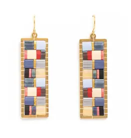 Beaded Handwoven Mosaic Tila and Brass Earrings (Blue/Red), Colombia