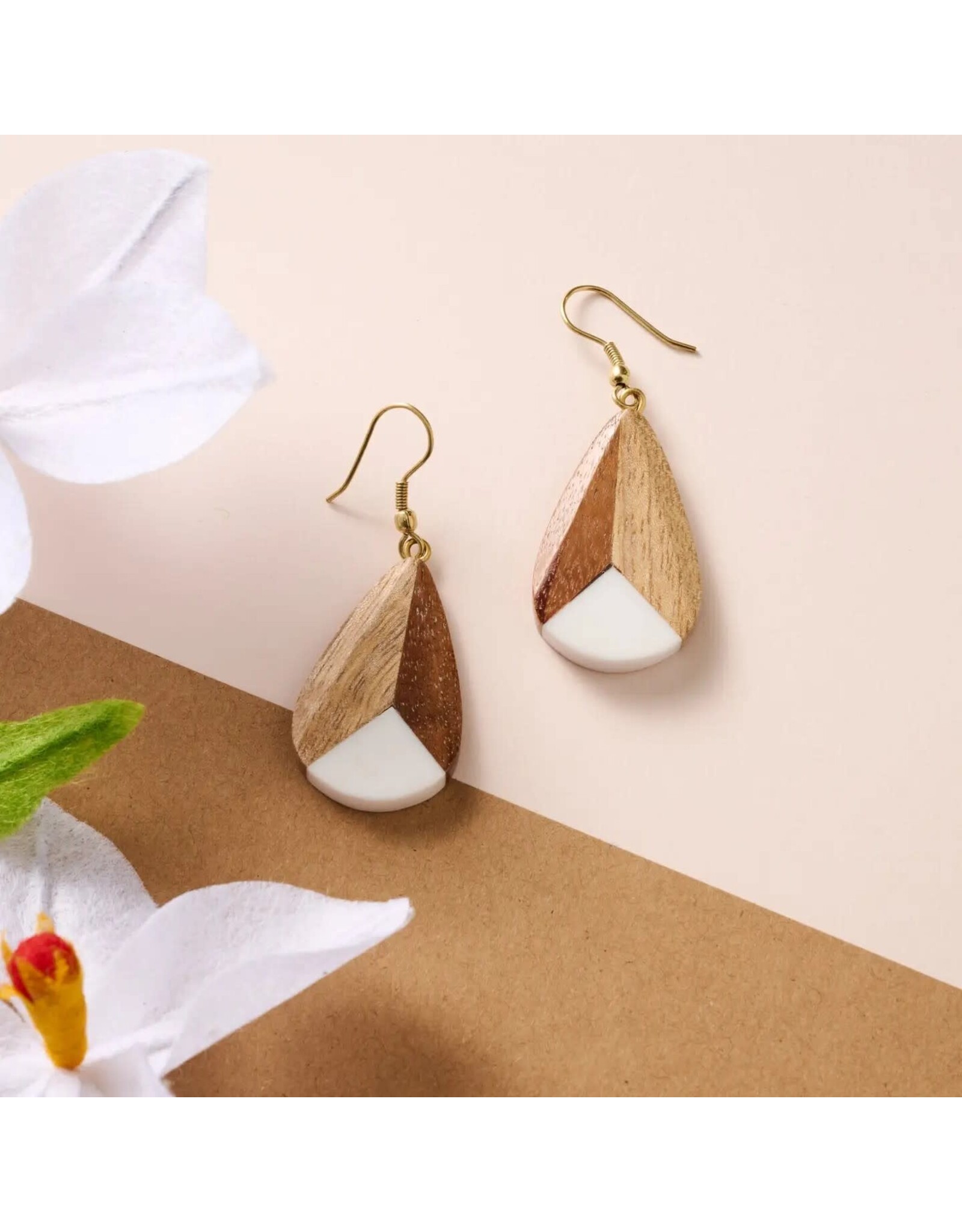 Wood, Resin and Brass Teardrop Earrings, India