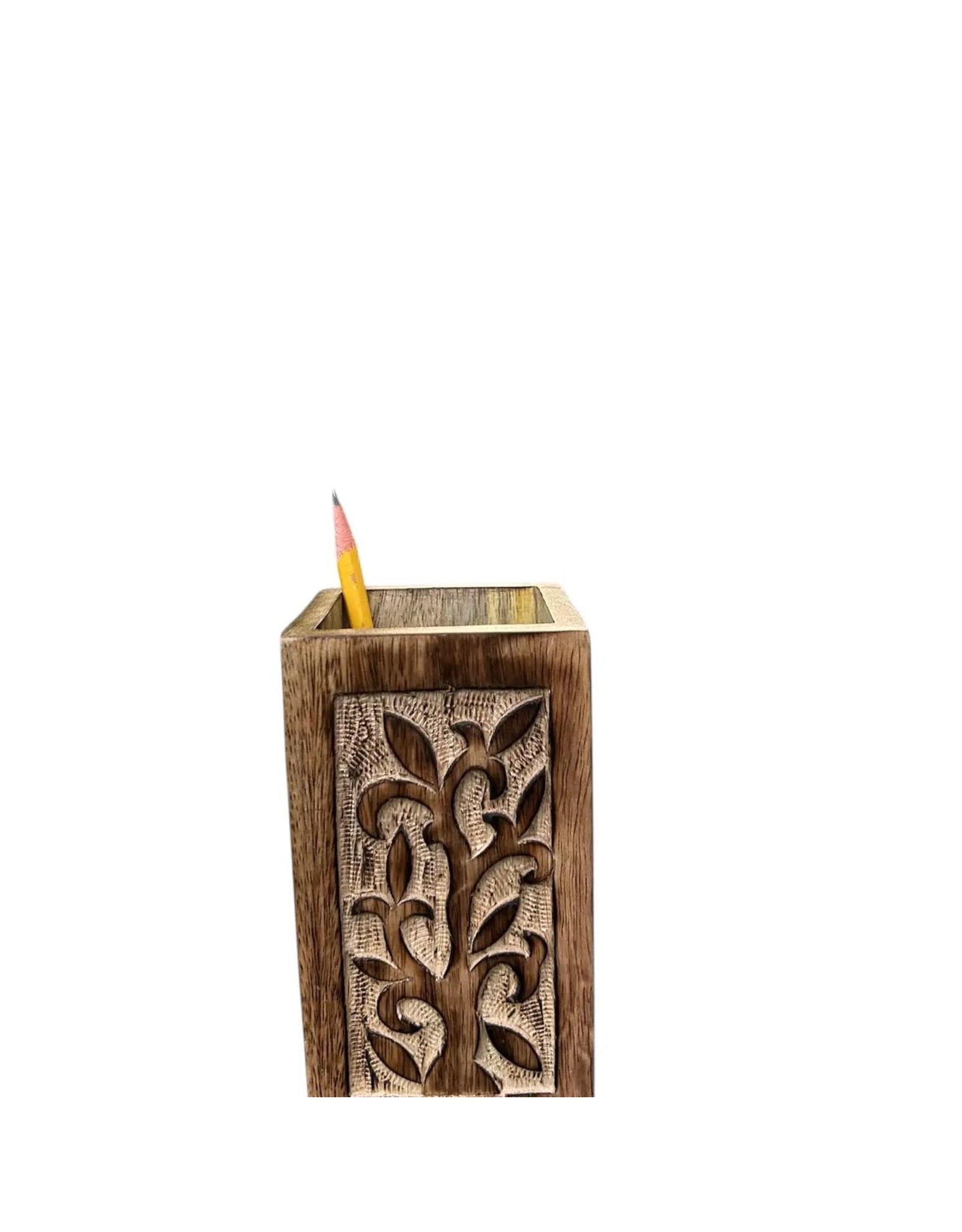 Hand Carved Wood Pen Holder, India