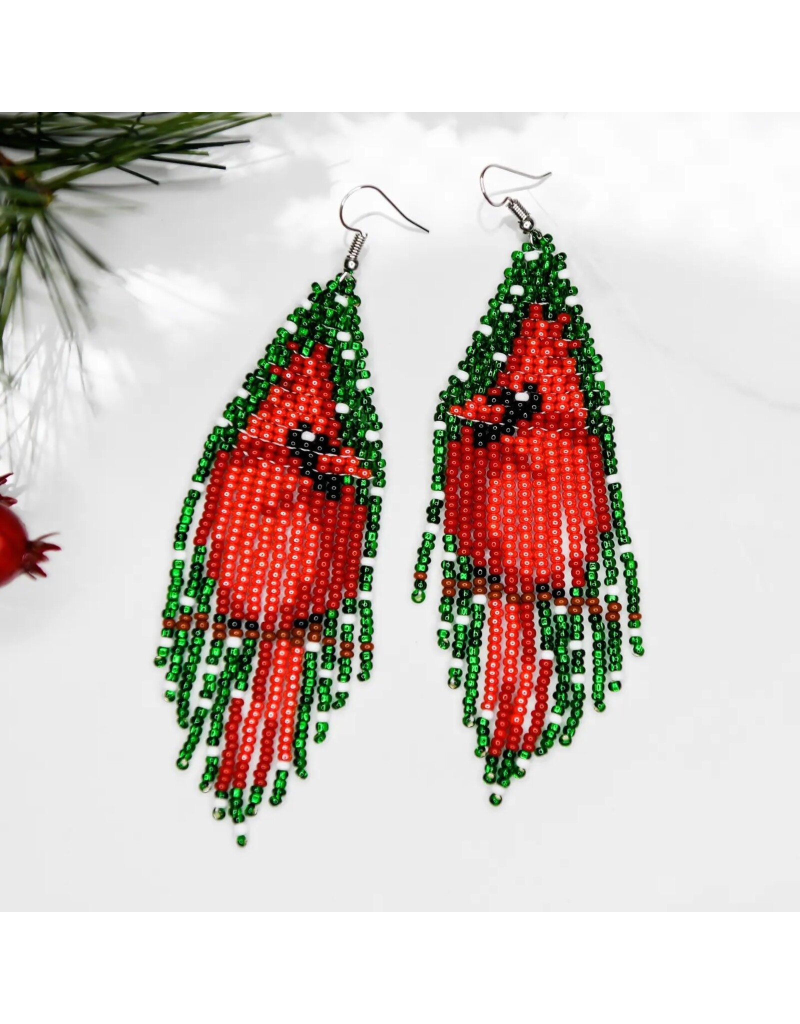 Evergreen Cardinal Fringe Earrings, Guatemala