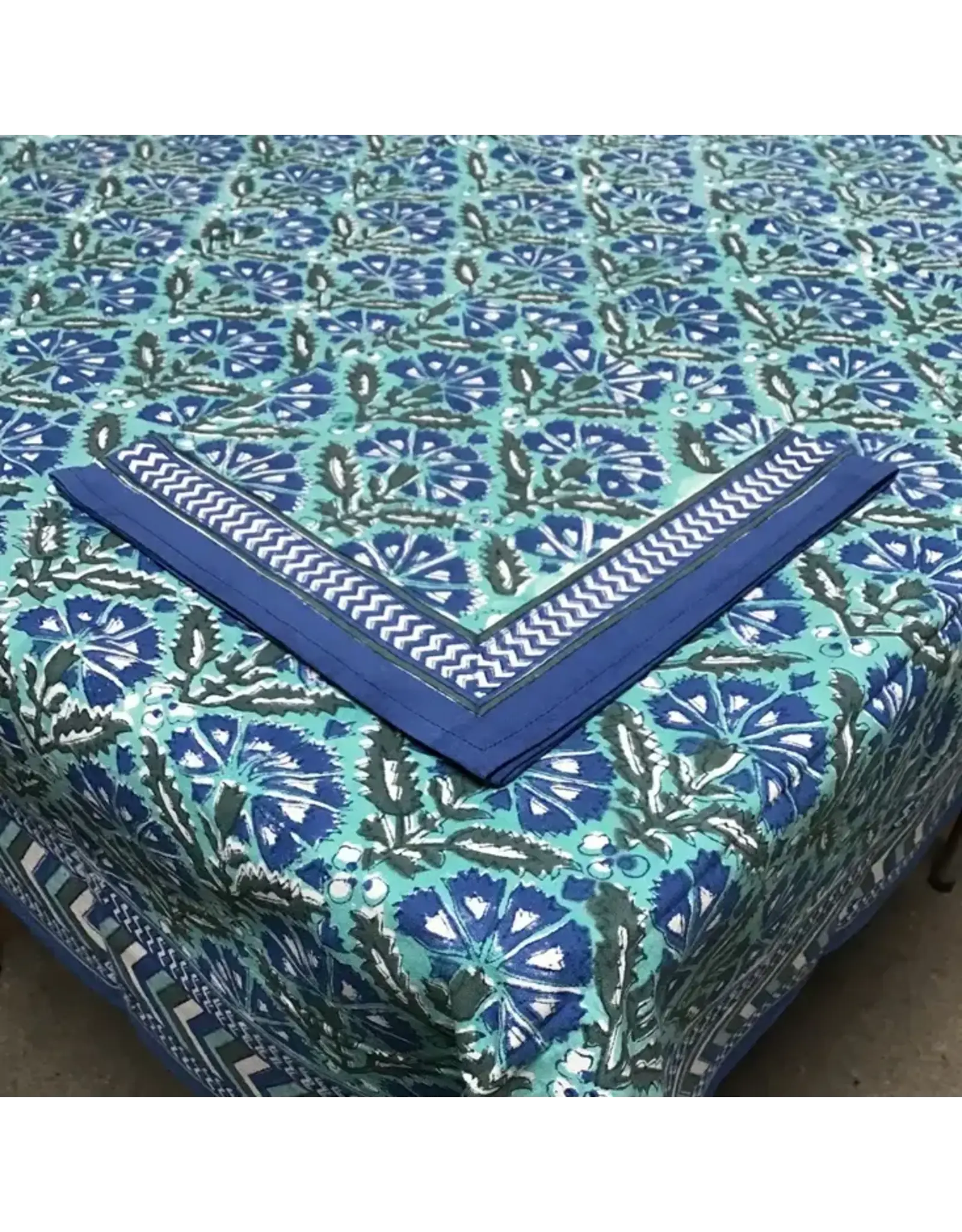 Chrysanthemum Blue/Green, Handblock Print Tablecloths VARIOUS SIZES
