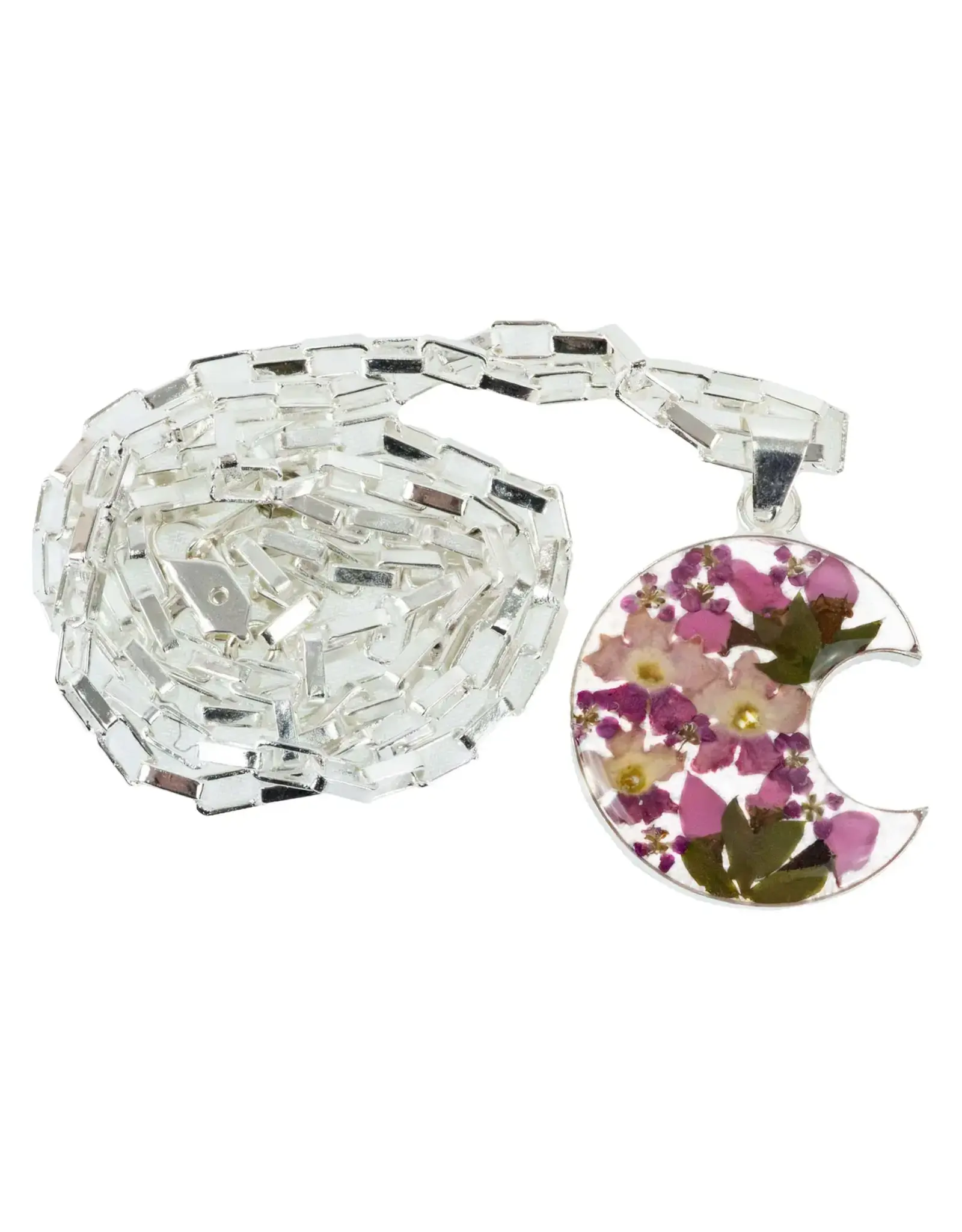 Alpaca Silver Pressed Flower Crescent Pendant Necklace, Mexico