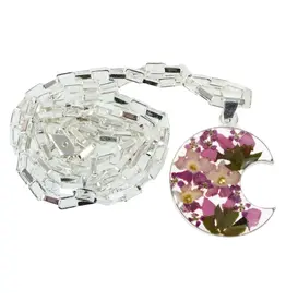 Alpaca Silver Pressed Flower Crescent Pendant Necklace, Mexico