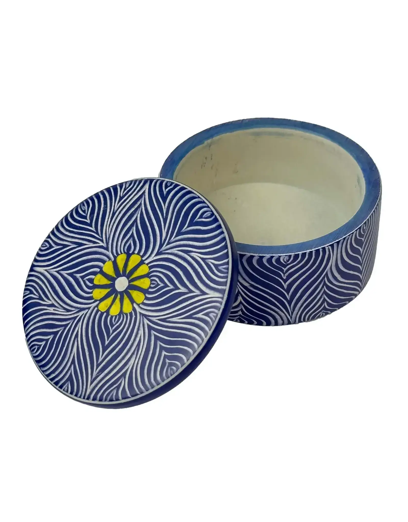 Soapstone Blue Round Box with Yellow Flower